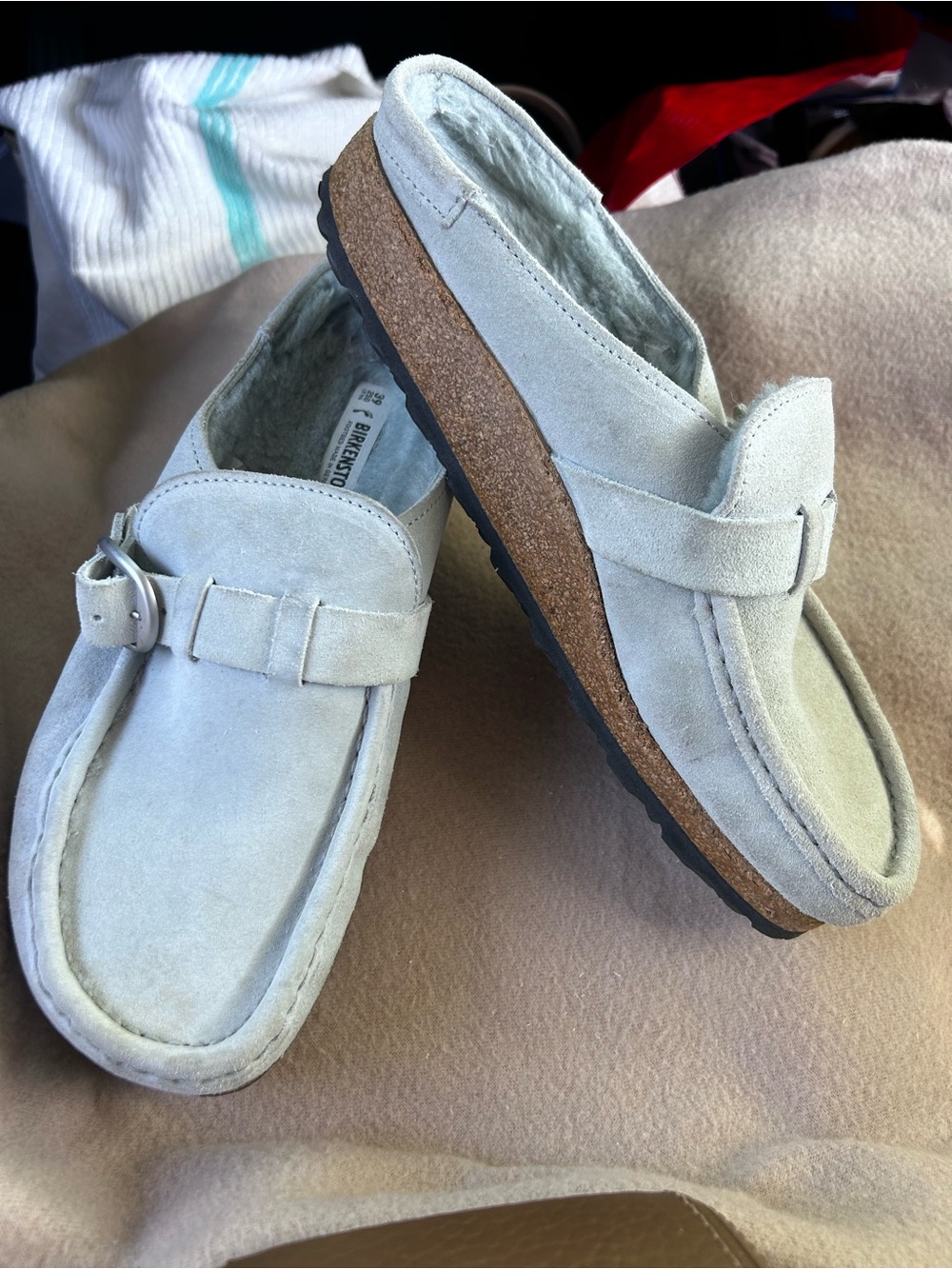 Birkenstock buckley Suede Slip-On Clogs in Light Gray/blue w/shearling size 8(39